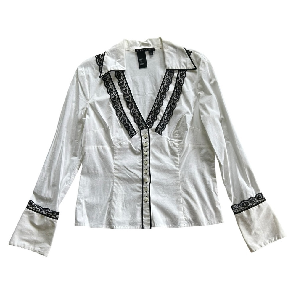 Lace Button Down Collared Top Y2K Office Siren Contemporary Preppy Professional